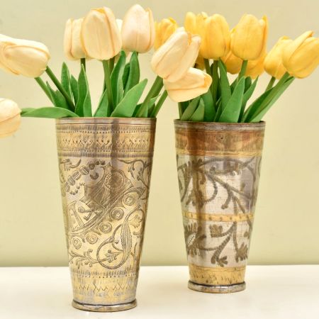 Handmade Golden Brass Floral Design Engraved Lassi Glass - Pack of 2